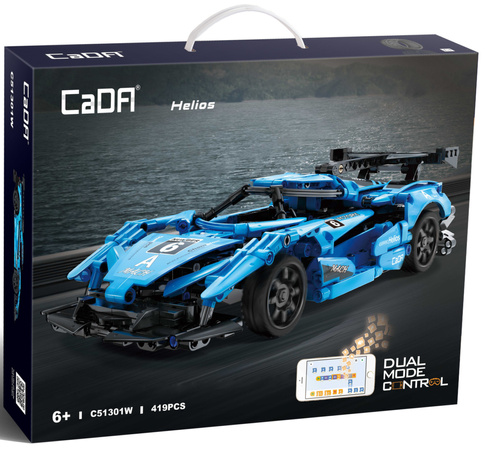 Klocki konstrukcyjne CaDA Zdalnie sterowany samochód sportowy 39 cm Auto wyścigowe Helios Wyścigówka Dual Mode RC Światła LED 419 elementów