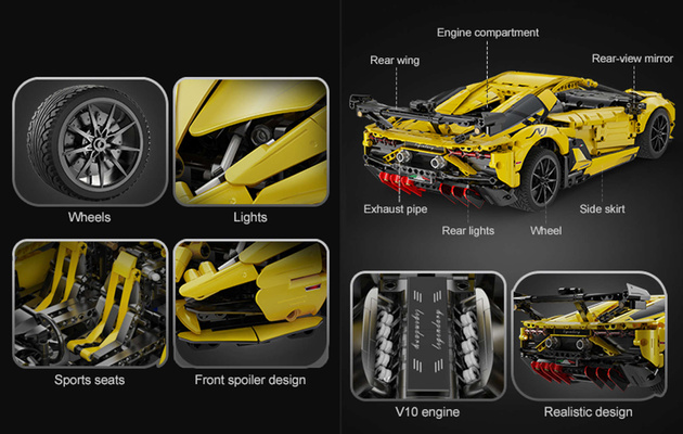 Klocki konstrukcyjne CaDA Duże auto sportowe LP700 49 cm Samochód żółty Pojazd LP700 Sports Car 1805 elementów 