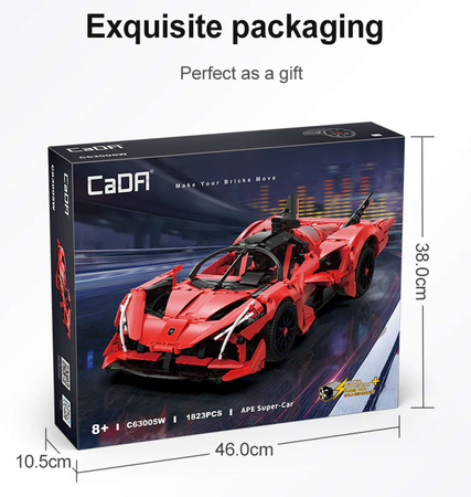 Klocki konstrukcyjne CaDA Zdalnie sterowany duży samochód sportowy 47 cm Auto z napędem Power System Pro APE Supercar Światło LED RC 1823 elementy