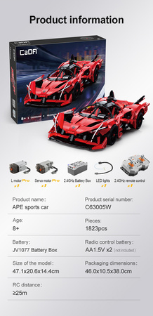 Klocki konstrukcyjne CaDA Duży samochód sportowy 47 cm auto APE Supercar 1823 elementy