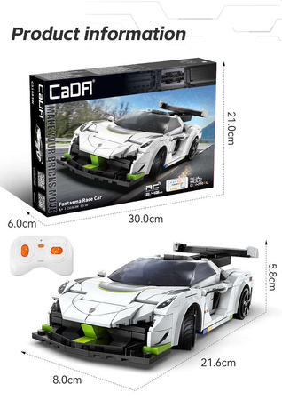 Klocki konstrukcyjne CaDA Samochód zdalnie sterowany Auto wyścigowe białe 22 cm Fantasma Race Car Pojazd 322 elementy RC Dual Mode