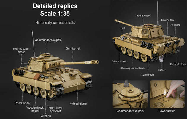 Klocki Konstrukcyjne CaDA Master brązowy pojazd militarny Zdalnie sterowany Panther Tank Czołg RC 907 elementów