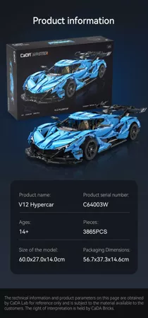 Klocki konstrukcyjne CaDA Master duże niebieskie auto sportowe Autko wyścigowe Samochód Wyścigówka 60 cm V12 Hypercar 3865 elementów