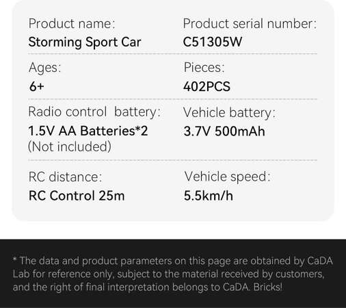 Klocki konstrukcyjne CaDA Samochód zdalnie sterowany Auto sportowe czerwone 30 cm Storming Sport Car Pojazd 402 elementy RC Dual Mode