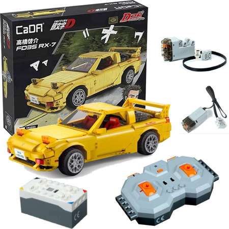 Klocki konstrukcyjne CaDA Zdalnie sterowany samochód 35 cm z napędem Power System Autko miejskie żółta Mazda FD3S RX-7 manga Initial D Auto Pojazd RC 1655 elementów